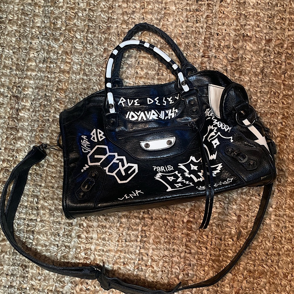 Unique designer - inspired slouchy Black Graffiti-Print Leather Crossbody Bag